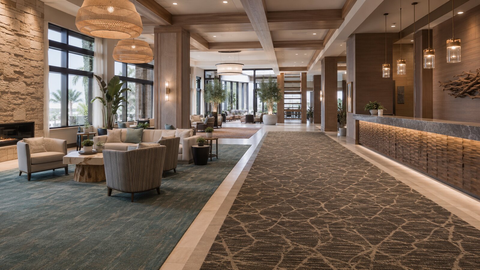 Hotel lobby with carpeted seating area
