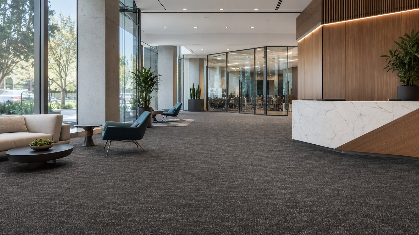 Modern office building lobby with carpeted flooring