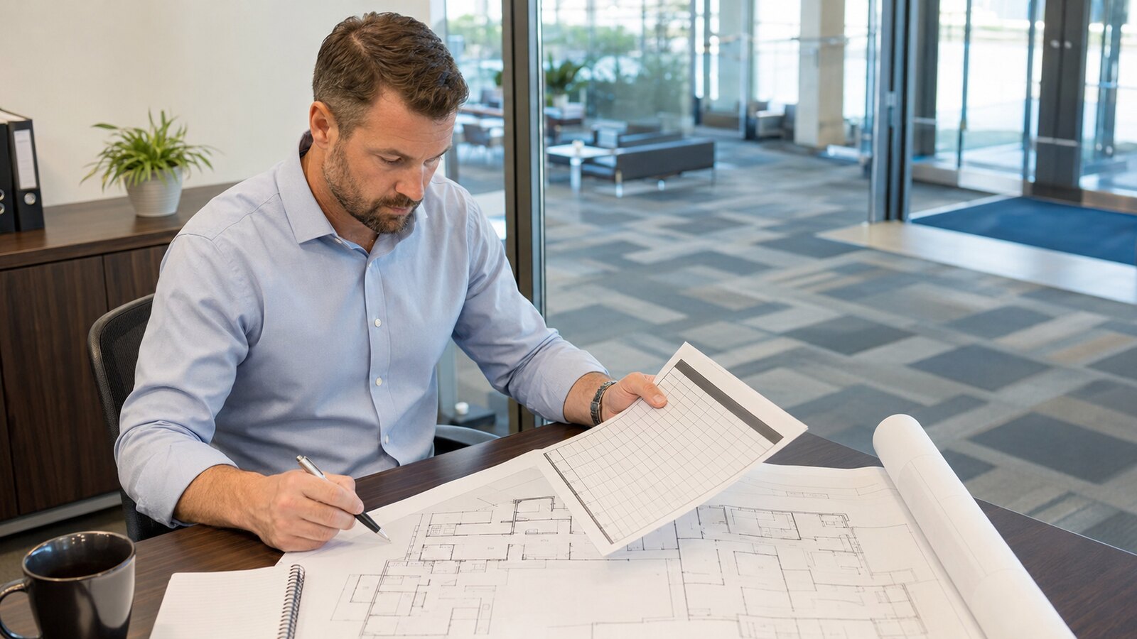 Property manager reviewing a building maintenance schedule