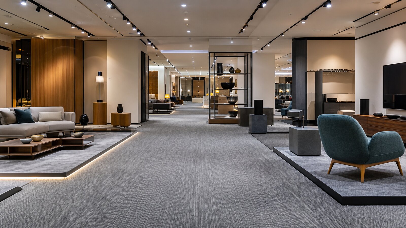 Retail showroom floor with carpeted display area