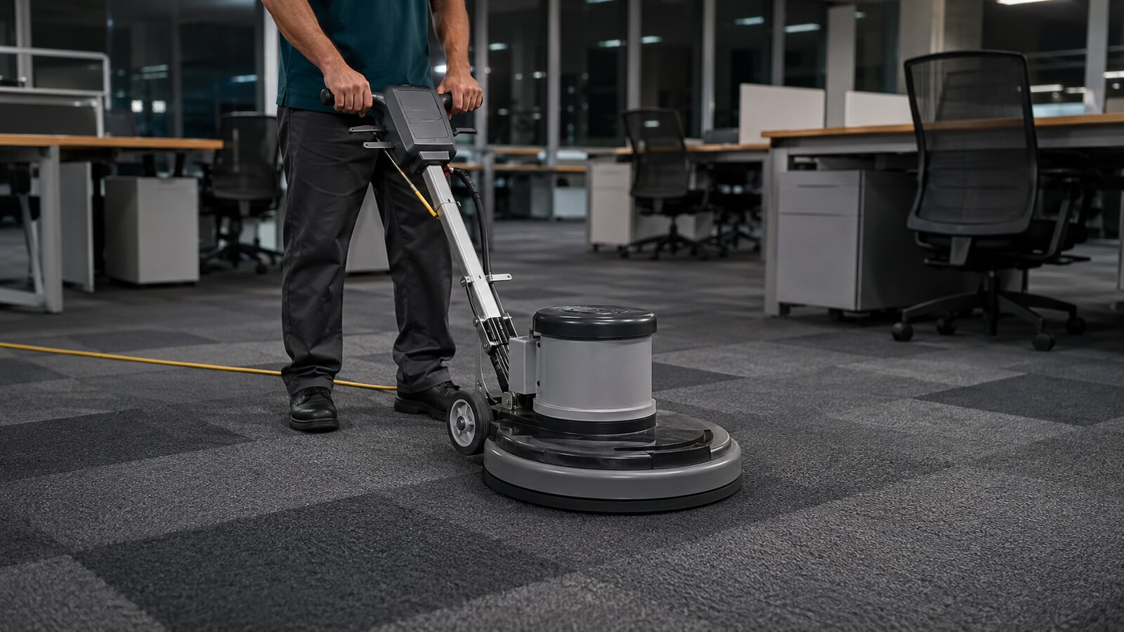 Close-up of encapsulation cleaning equipment being used on modular carpet tile