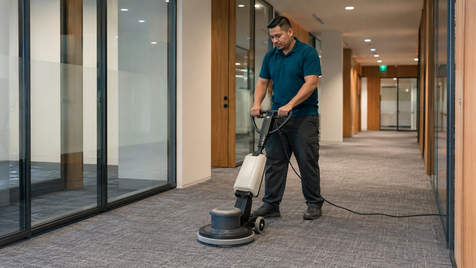 Commercial carpet cleaning technician operating low-moisture encapsulation equipment in an office corridor