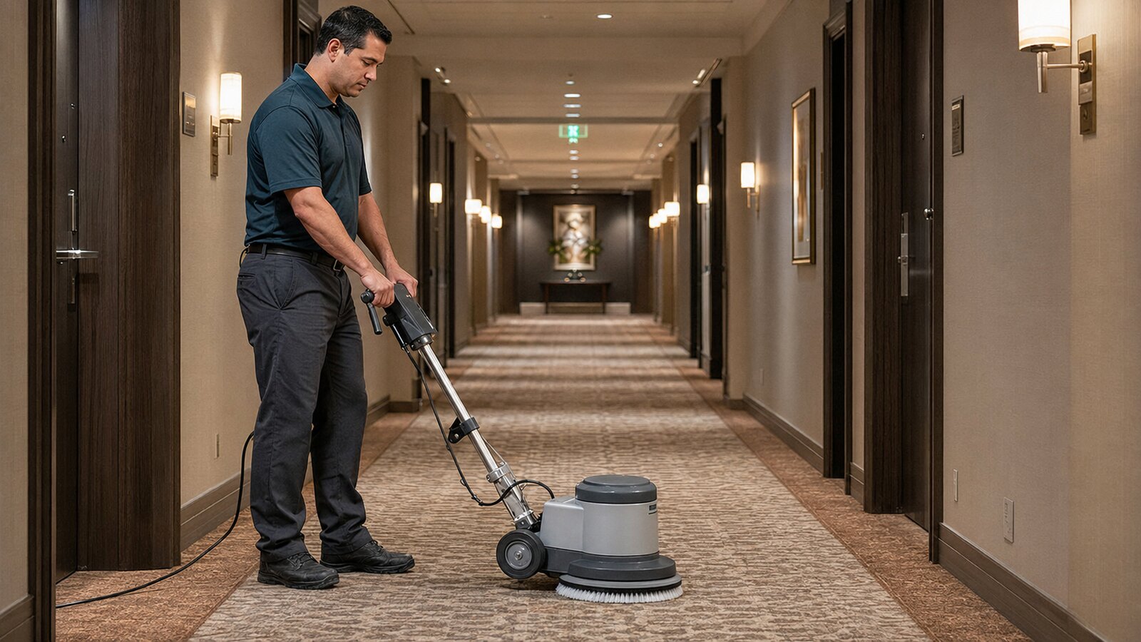 Carpet cleaning technician treating a hotel corridor carpet runner