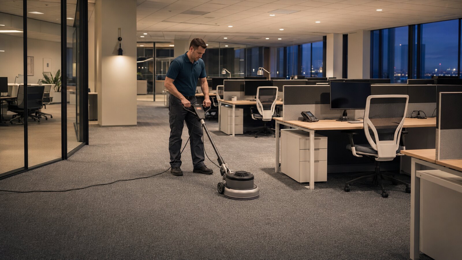Encapsulation carpet cleaning equipment set up in an open-plan office after hours